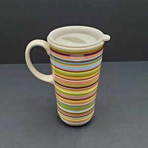 Longaberger Pottery Striped Summertime Travel Mug Tall Coffee Latte Mug with Lid